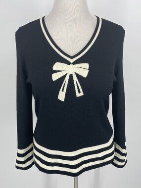 Jones New York Black White Intarsia Knit Bow Slinky Top Large
